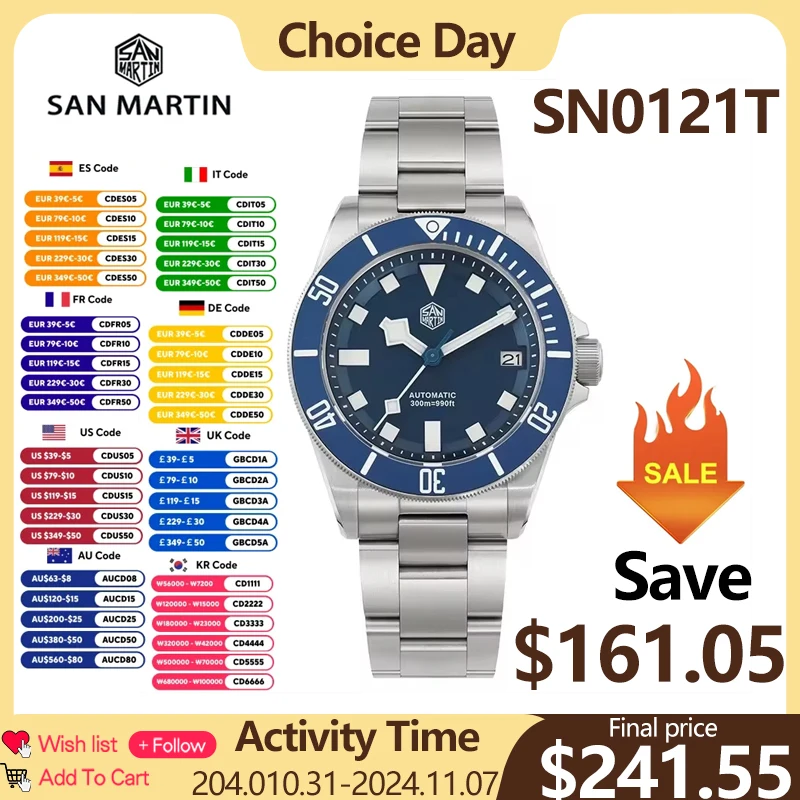 San Martin SN0121T Titanium Diving Watch NH35 Automatic Movement Watches Grade2 Titanium 120 Click Waterproof 300m Wristwatch