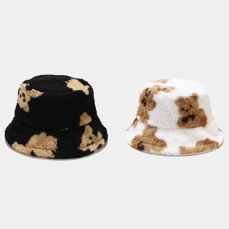 

Hot Lamb Fur Fisherman Hat Women Autumn Winter Cute Little Bear Pattern Thick Warm Basin Hat Simple Outdoor Fisherman Hat