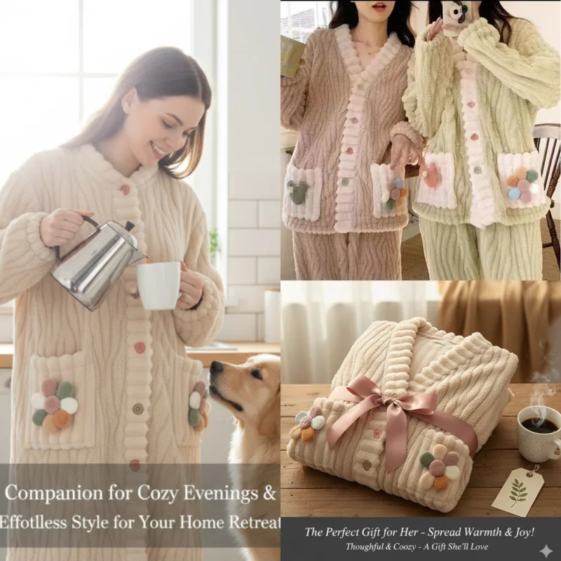 

Rainbow Coral Fleece Pajama Set Women Autumn Winter Ins Thick Flannel Long Robe Sweet Warm Homewear Cardigan Cozy Loungewear New