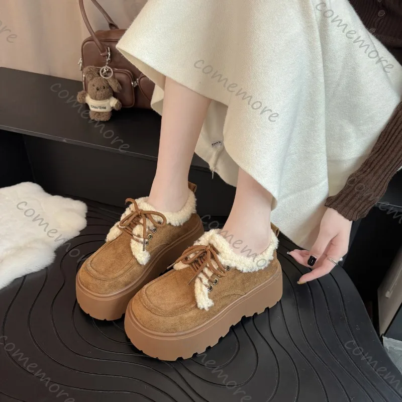 

Comemore Women Winter Cotton Shoes Height Increase Retro Lace-up College Style Loafers for Women Casual Suede Plush Warm Sneaker