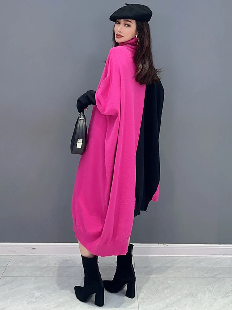 SHENGPALAE Turtleneck Knit Dress For Women Fashion Contrast Color Batwing Sleeve Loose Irregular Vestido Autumn 2024 New 5R6661