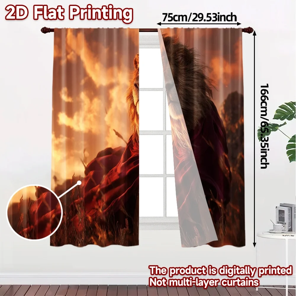 2pcs, 2D FLAT PRINTING Curtains (Without Rod) Fiery Lion Majesty Chic Curtains&Window Treatment Polyester Easy Install Curtains