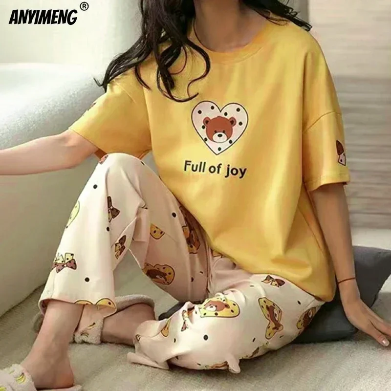 New Sleepwear Cartoon Cotton Pajamas for Women Long Pants Short Sleeved Summer Spring Loungewear Fashion Home Clothing Homewear