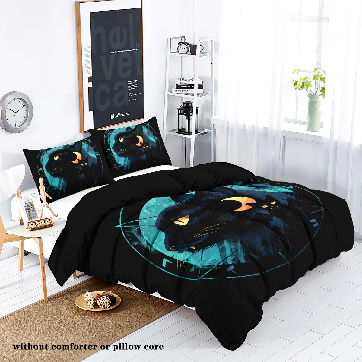 3 Piece Duvet Cover Set With Black Cat Moon Print Pattern (1 Duvet Cover+2 Pillowcases, No Core) Comfortable Bedroom Bedding Set