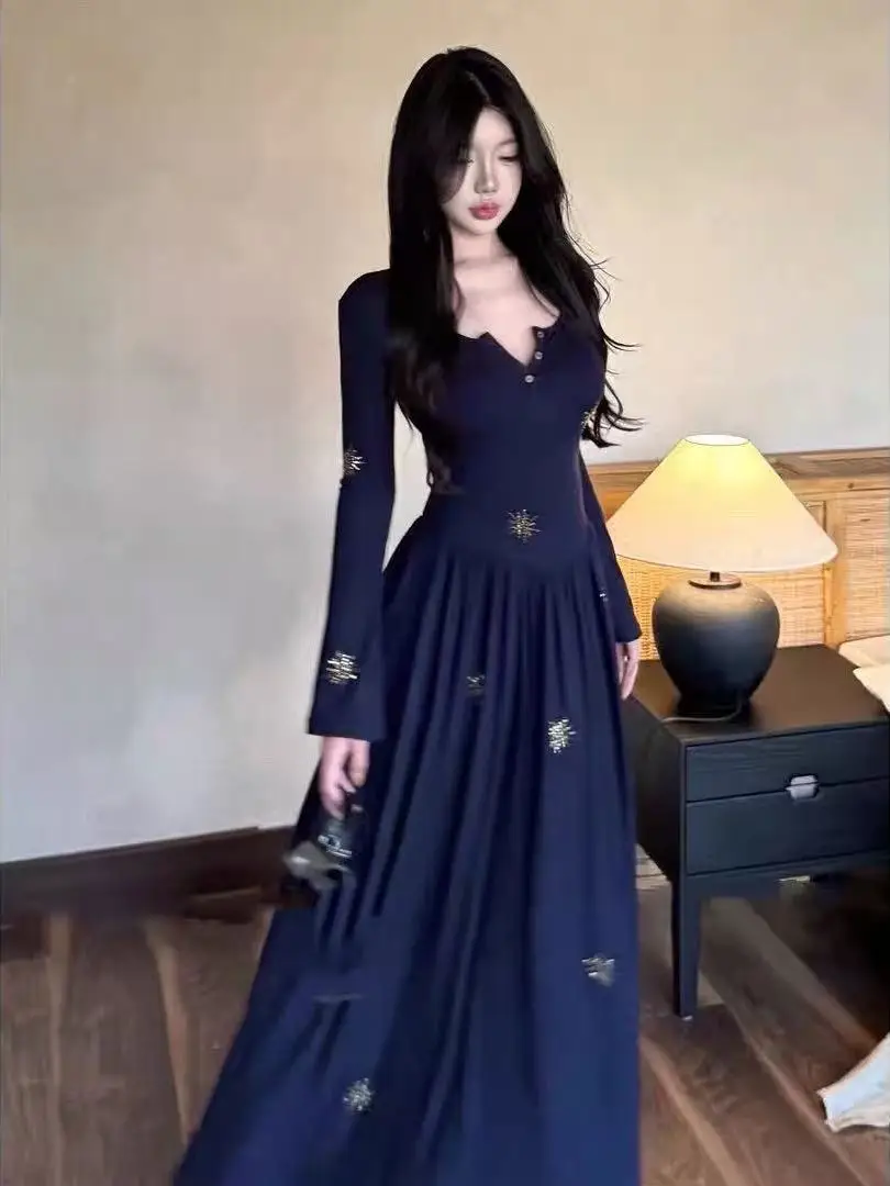 Ele Pure Desire Long Sve bestickter Dr. V-Ne A-Linien-Rock mit hoher Taille, lässiger SLE-Polyesterfaser, Winter-Dr