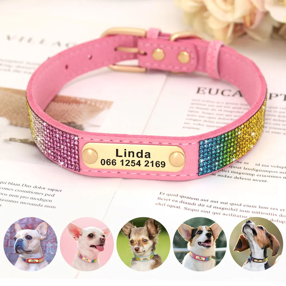 Custom Crystal Dog Collar Soft Leather Pet ID Collar Personalized Rhinestone Collars Adjustable For Small Medium Large Dogs Cat