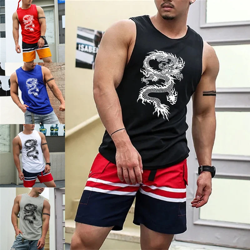 

Men Dragon Print Compression Tanktop Training Tank Cool Dry Compression Shirt Athletic Under Base Layer Sport Tank Top