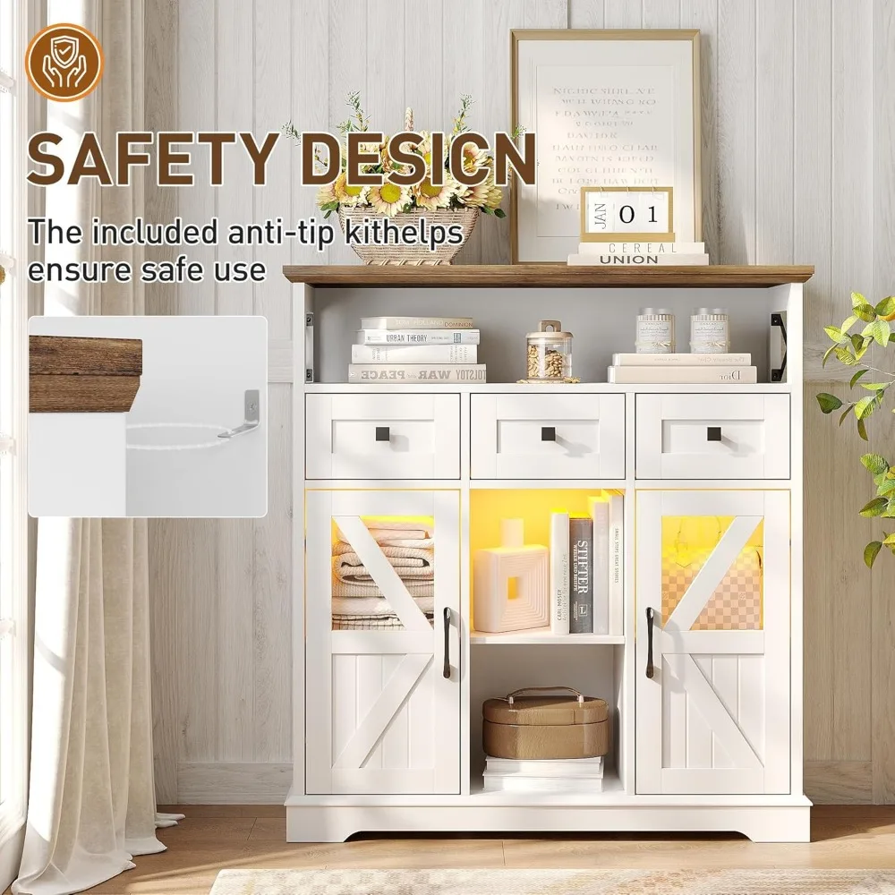 Buffet de ferme moderne 37 avec éclairage LED et tiroirs de rangement