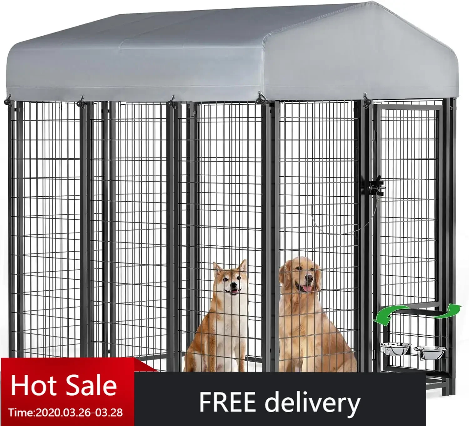 6x4x6ft Large Outdoor Dog Kennel with Rotating Dog Bowl,Heavy Duty Dog Run,Dog Playpen Fence with UV-Resistant Waterproof Roof