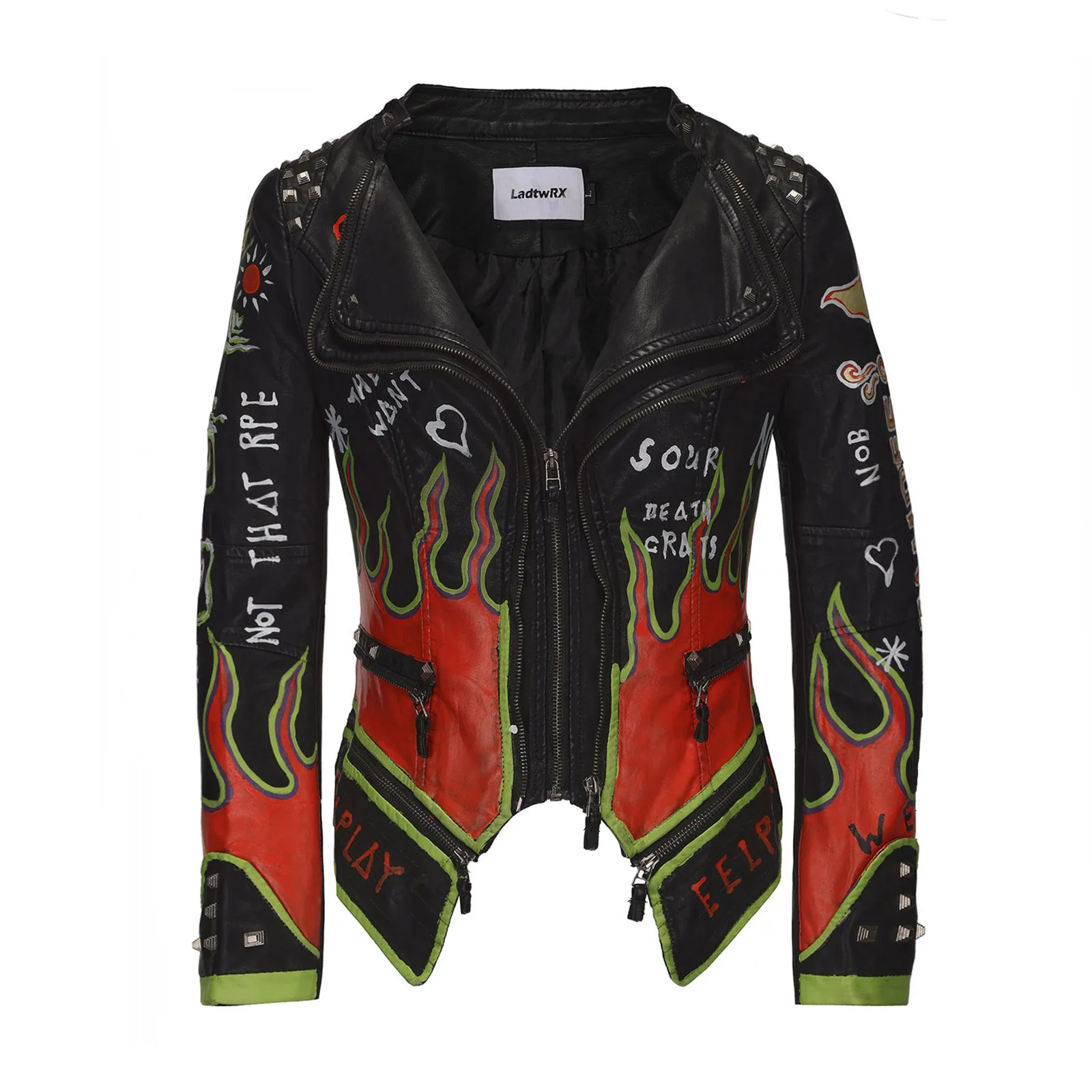 

Women's Fashion Hand-painted Pattern Studs PU Jacket Perfect Shaping Bicycle Motorcycle Faux Leather Zipper Outwear Street Coat