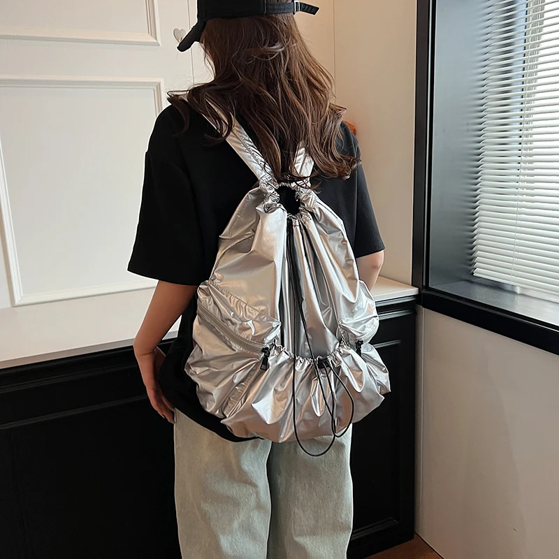 Women\'s Large Silver PU Leather Backpacks 2024 Summer Y2K Korean Fashion Backpack Lady Travel Student Back To School Back Pack