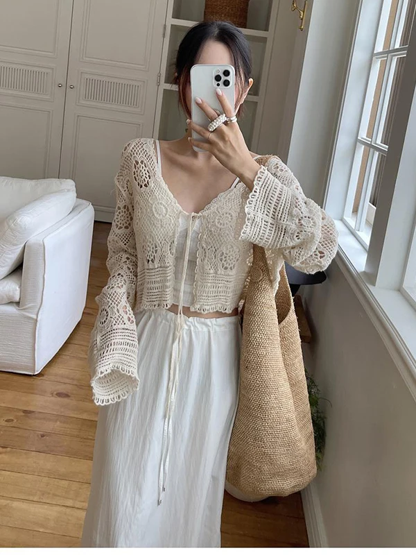 

Women's Knitted Hollow out Long Sve Cardigan Summer Beach Vaion Sle Outerwear Sunade ort Top Casual Loose Fit