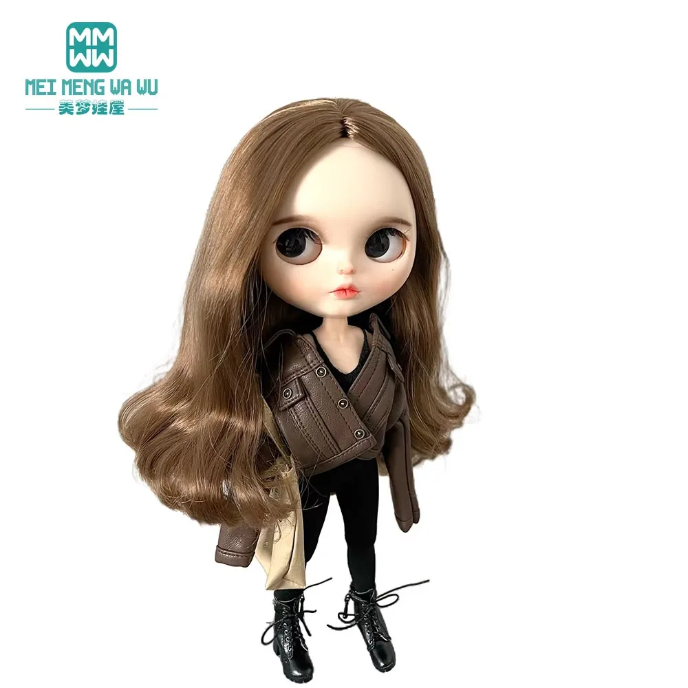 mini Toys Doll clothes leather jacket black white coffee brown for 28cm Blyth Azone OB22 OB24 gift