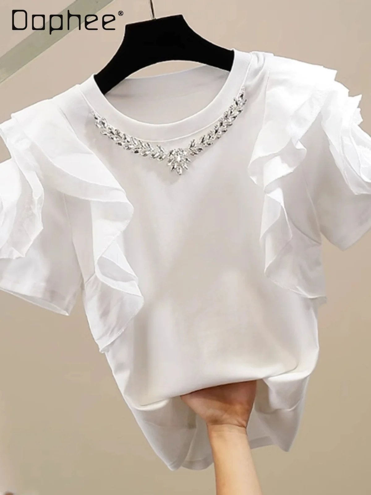 

Summer Ruffled Rhinestone T-shirt O-Neck Short Sleeve Slimming Loose Casual Tops Female Simple Korean Style Black White Tees
