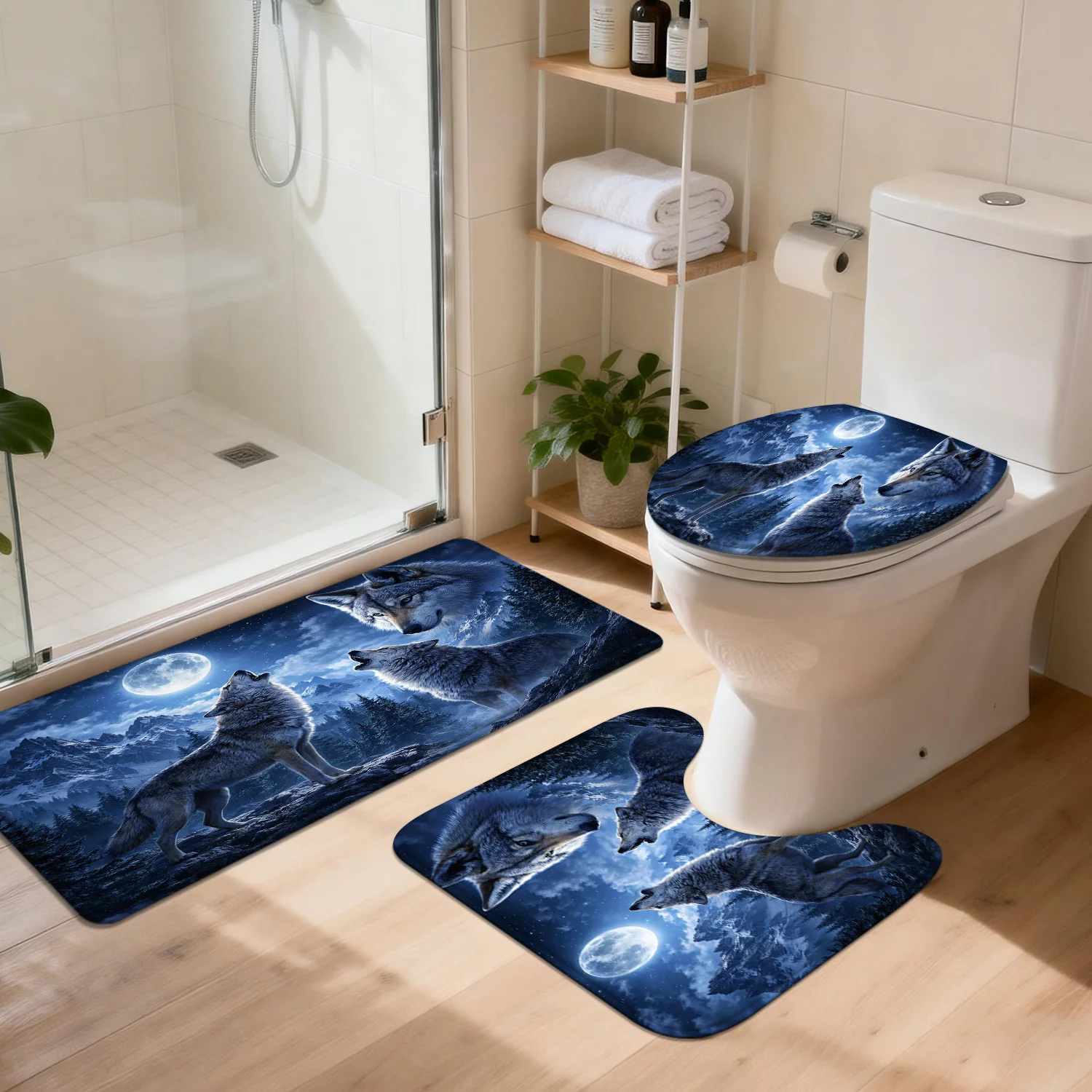 3pcs Bathroom Mat Set, Moonlit Cliffside Howling Wolf, Home Decor Entry Mat, Toilet Lid Cover Bathroom Accessory Set, Non-Slip A