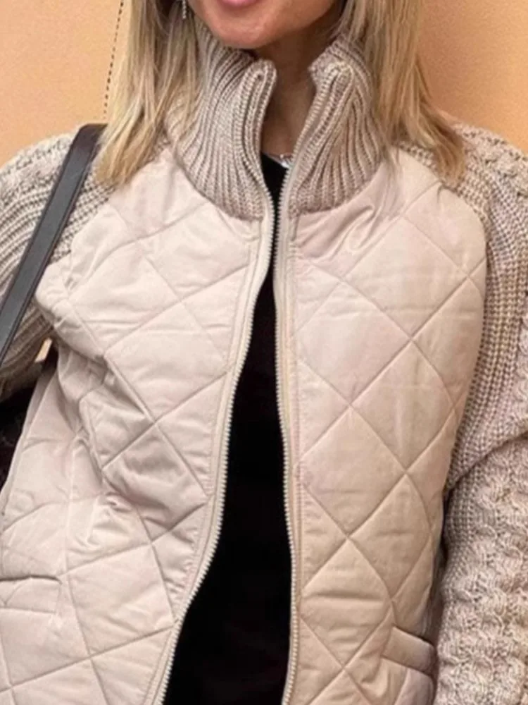Autumn Winter Jacket For Women New Fashion Stand Collar Knitted Splicing Jacket Causal Long Sleeve Warm Coat Patchwork Outerwear