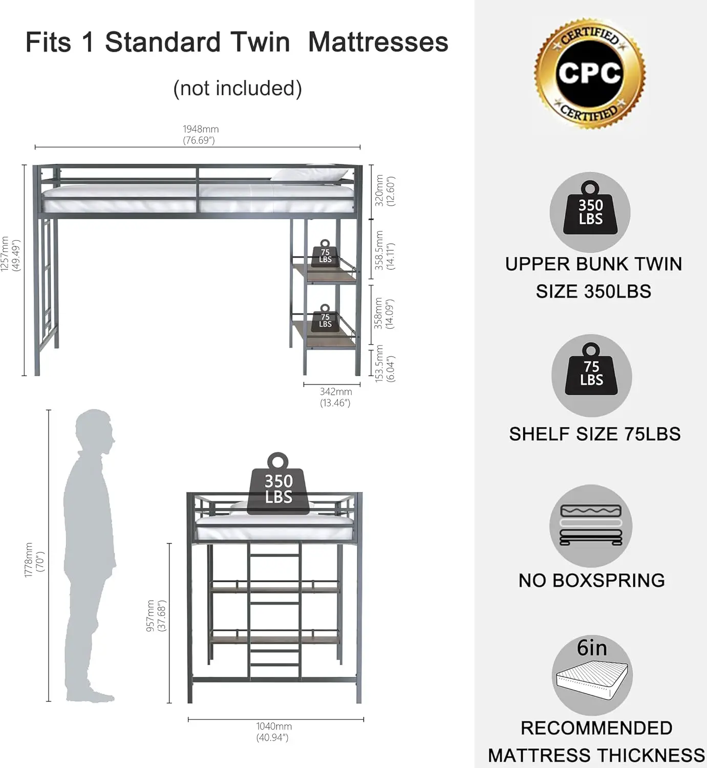 Twin Size Low Loft Bed With Shelf For Kids,Metal Loft Bed Frame For Boys Girls,Kids Loft Bed Twin Size,Junior Low Loft Bed,