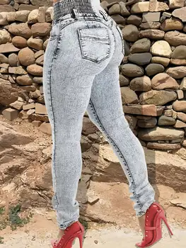 מכנסי ג'ינס אלסטיים אופנתיים לנשים עם כפתורים בחזית, מותן גבוה, נמתחים, גזרה צמודה, ג'ינס רך ופשוט, שטיפת רגליים 8 best sales ג'ינס גבוה - №3