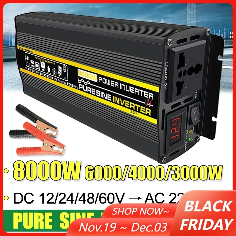 

8000/6000/4000/3000W Pure Sine Wave Inverter Car Outdoor Power Outage 12/24/48/60V TO 220V 110V Power Inverter Charger Adapter