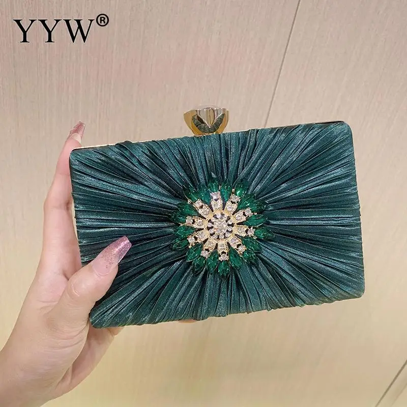 Elegant Pleated Silk Women Crystal Clutch Handbag Bling Rhinestone Floral Wedding Bridal Envelope Purse Crossbody Shoulder Bag