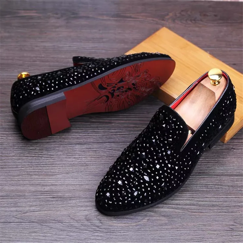 Fashion Men Rhinestones Club Wedding Loafers Moccasins Men's Casual Shoes Suede Leather Mens Light Comfortable Driving Flats