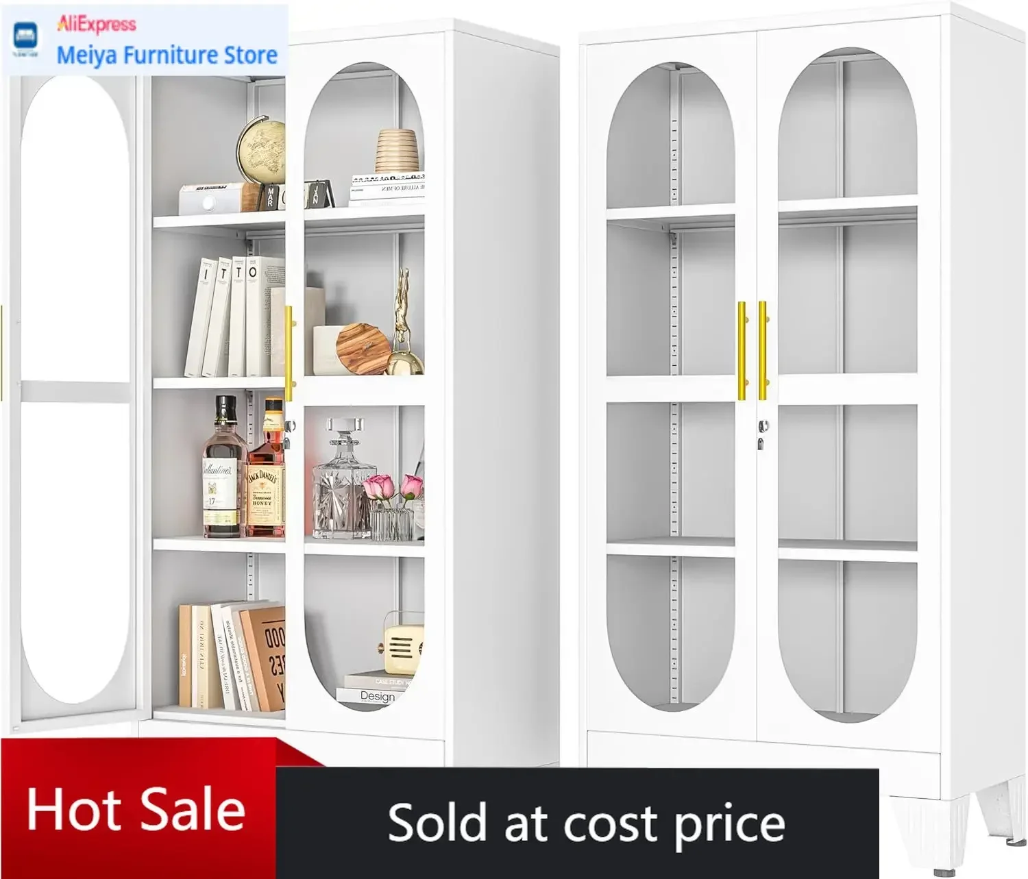 White Locking Glass Door Display Cabinet 61 Inch Height Metal Case With 3 Adjustable Shelves For Living Room Home Clinic Collect