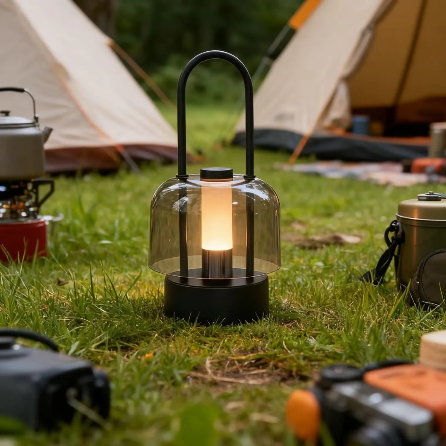 Portable camping battery powered desk lamp, touch activated decorative lamp, rechargeable three color dimmable ambient night lig