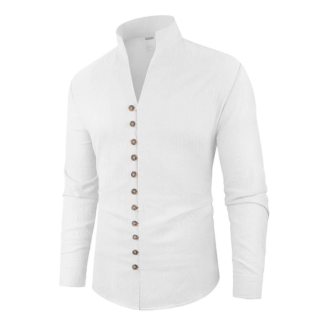 봄 가을 남성 셔츠 싱글 브레스트 세련된 헨리 넥 코튼 린넨 캐주얼 버튼 탑 심플 스타일 남성 아늑한 탑