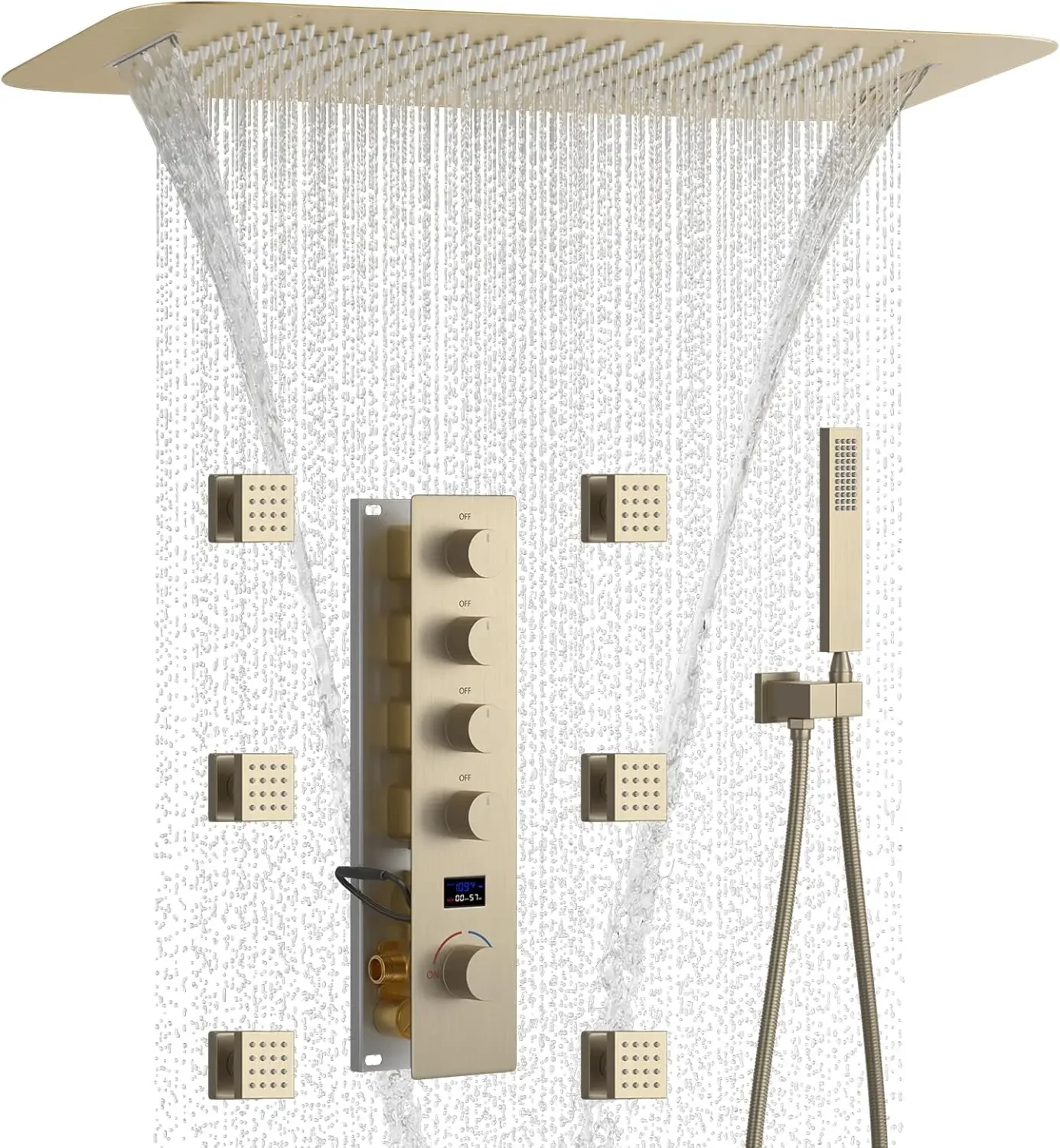 

Rain Shower System Brushed Gold Luxury Shower System with 16X24 Inch Ceiling Mount Rainfall&Waterfall Two Mode Shower Head