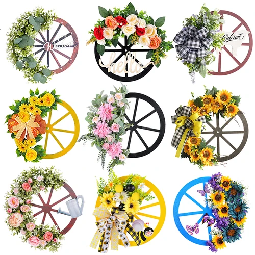 용수철 화환, 소박한 해바라기 휠, 앞 문짝 및 창 장식, 인공 야외 실내 걸이식 화환 