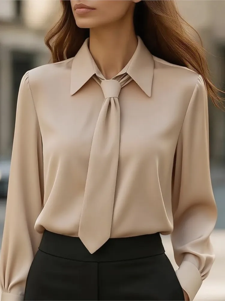 

Новая осенняя однотонная повседневная рубашка с длинными рукавами и галстуком, женская универсальная рубашка с лацканами, удобный повседневный топ
