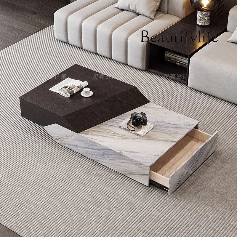 High-End Creative Designer Solid Wood Stone Plate Coffee Table Living Room Home Shaped Stone Plate Coffee Table