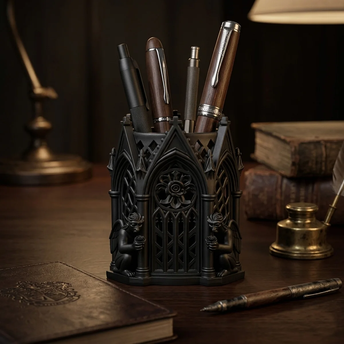 (7*5,8cm) Gotischer Kathedralen-Stifthalter Schreibtisch-Organizer, 3D-Gedruckter Vintage-Engel Stiftständer Kreative Coole Büro- und Heimdekoration Geschenk