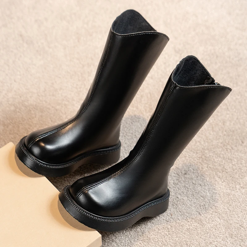 Girls Leather Boots Back Zipper Vintage Children High Boots for Autumn Winter Thick Bottom Non-slip Kids Fashion Catwalk Boots