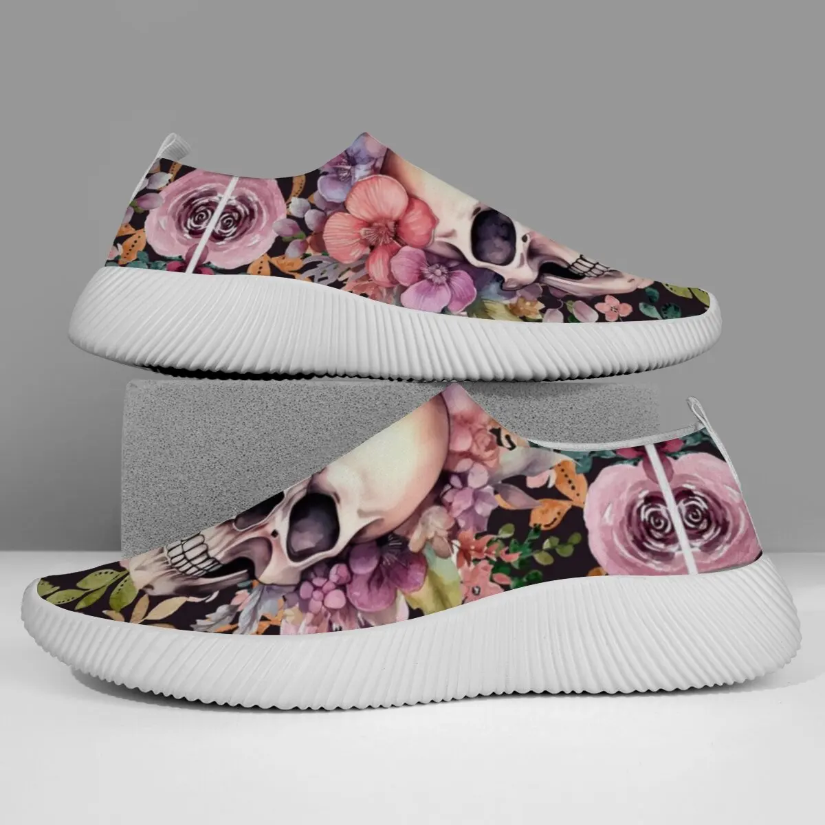

Женская спортивная обувь без шнуровки с цветочным принтом и черепом, легкая, мягкая, дышащая, модная, спортивная, прогулочная, повседневная, теннисная обувь на плоской подошве для мужчин