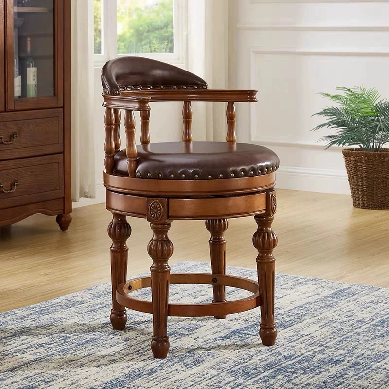 Solid Wood Bar Chair,Retro High Stool,Rotating Backrest Chair,Leather Bar Stool,Leisure Living Room Chair,Creative Dining Chairs