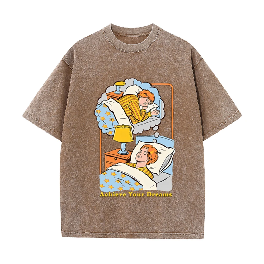 Achieve Your Dreams Washed Retro Men Tshirt Fashion Cotton Tee Clothes High Quality Breathable Tshirt Summer Loose Tops Couple