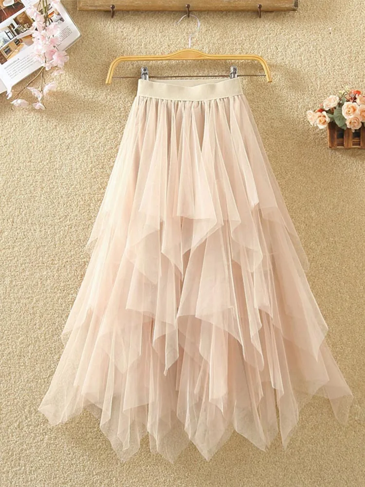 Women irregular Tulle Skirts Fashion Elastic High Waist Mesh Tutu Skirt Pleated Long Skirts Midi Skirt Saias Faldas Jupe Femmle