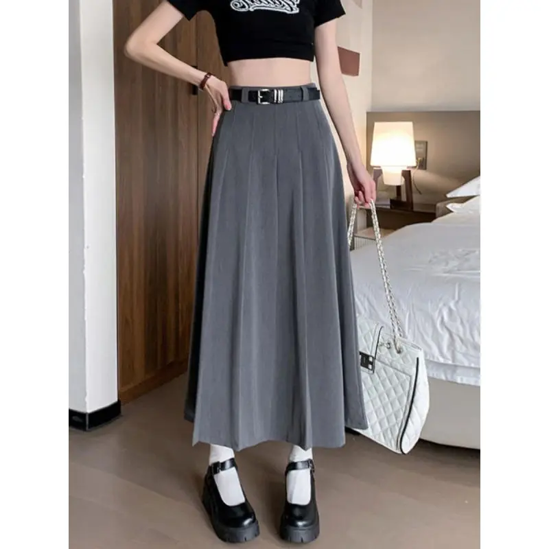 150cm Petite girls Draped Feeling Pleated Suit Half Skirt Women Summer College Style High Waist A-line Mid Length Skirt With XS