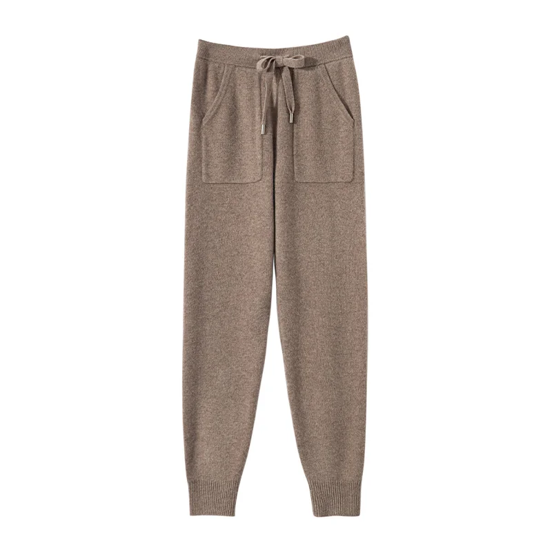 Women's Knitted 100% Wool Pants with Double Pockets and Elastic Waistband for Autumn and Winter, High Stretch Sports Style Pants
