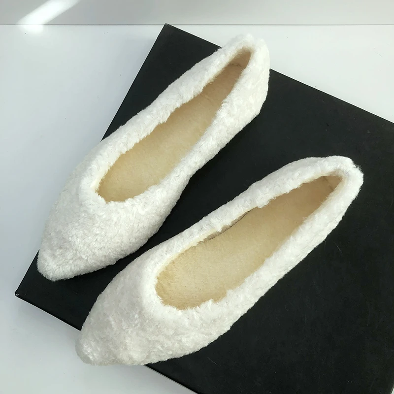 Furry Shoes for Women Winter Warm Flat Heel Shoes White Black Loafers Pure Color Simple Concise Style All Match High Quality 44