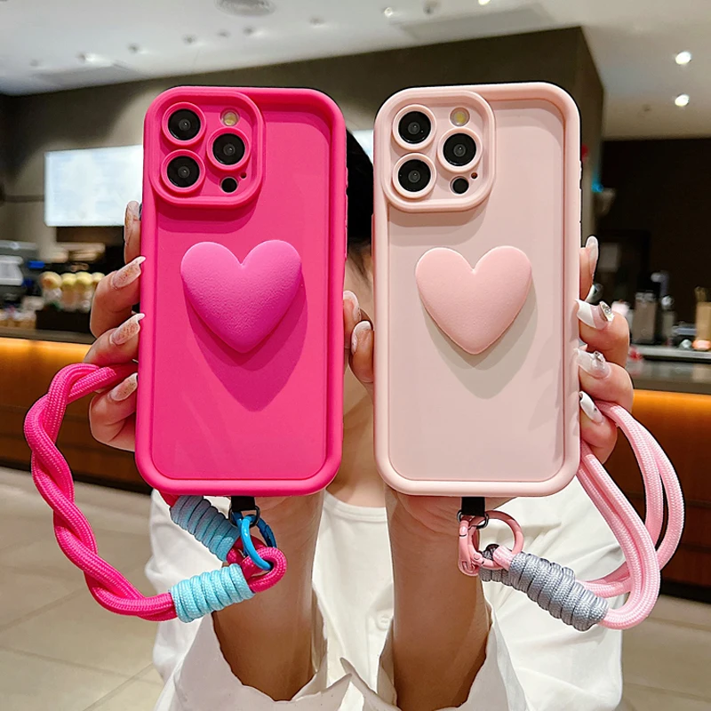 Luxury 3D Love Heart Matte Soft Lanyard Rope Phone Case For iPhone 16 15 14 13 12 11 Pro Max X XS XR 7 8 Plus Shockproof Cover