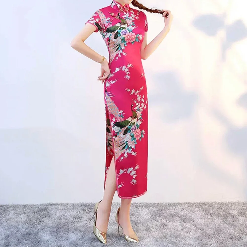 Elegant Women's Cheongsam Dress for Chinese New Year Retro Style Short Sleeve Dress for Special Occasions and Events