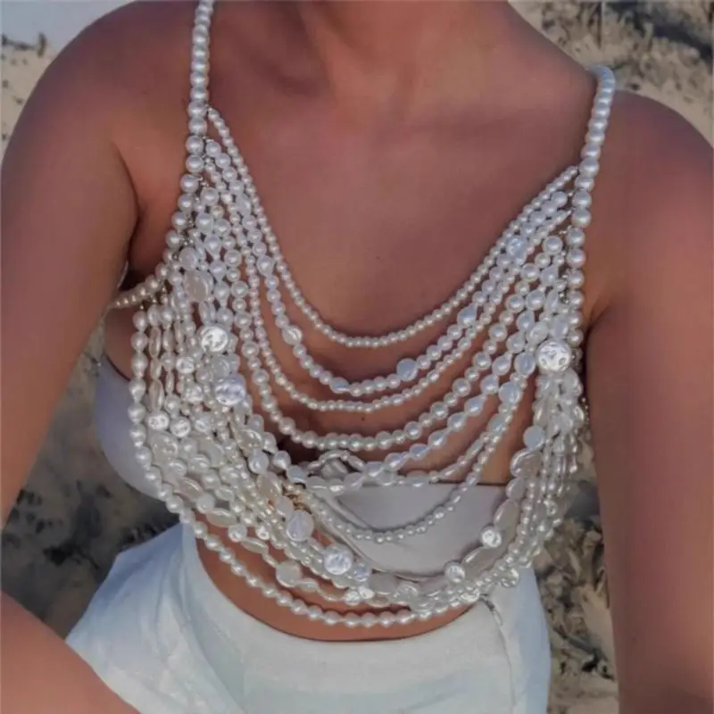 A52E Women's Multi Layer Faux Pearls Body Chain Layered Bra Chest Chain Crop Top Body Jewelry Necklace for Nightclub Outfit