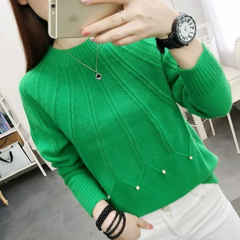 Fashion O-Neck Solid Color Diamonds Sweater Women\'s Clothing Spring New Loose Casual Pullovers All-match Korean Tops V1477