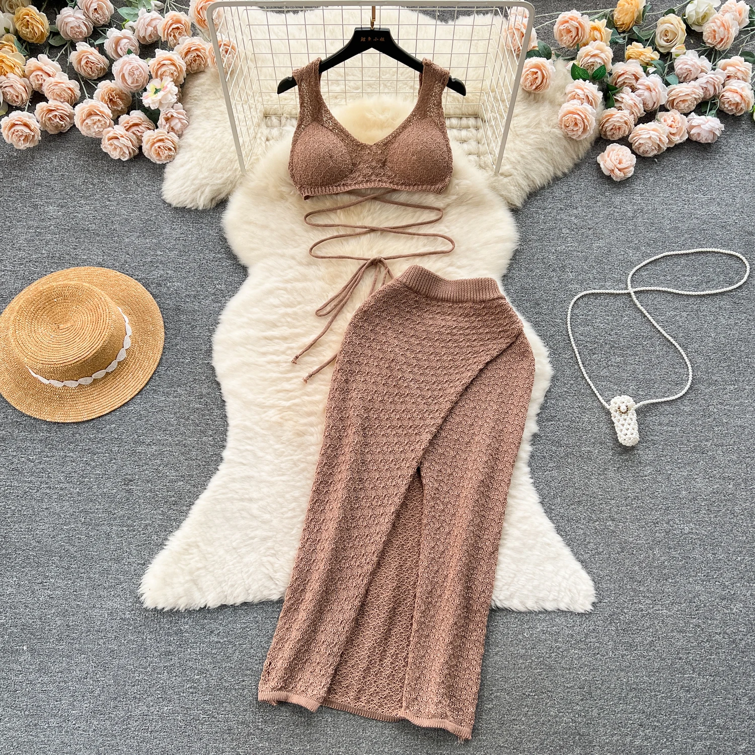 

Women's Summer Solid Color Vacation Casual Set Short Lace up Bra Vest Top+Mid length Split Skirt Knitted Two Piece Sets