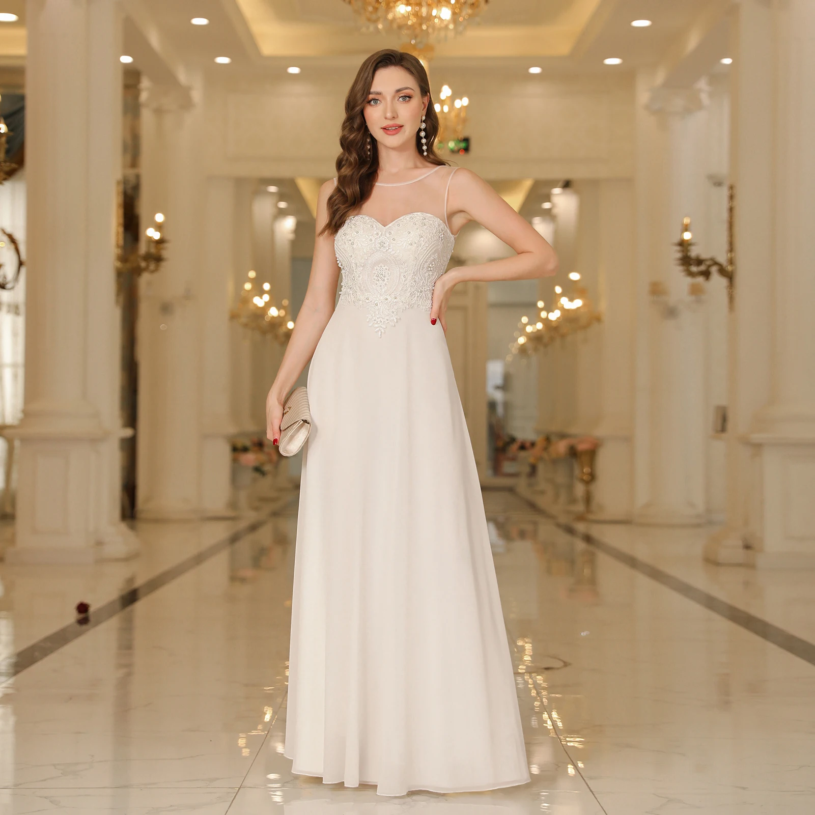 Długie sukienki damskie bez rękawów, seksowne, z iluzorycznym dekoltem typu O, odkryte plecy, aplikacje koronkowe, sukienki wieczorowe, szyfonowe sukienki na imprezę, studniówkę, w kształcie litery A.