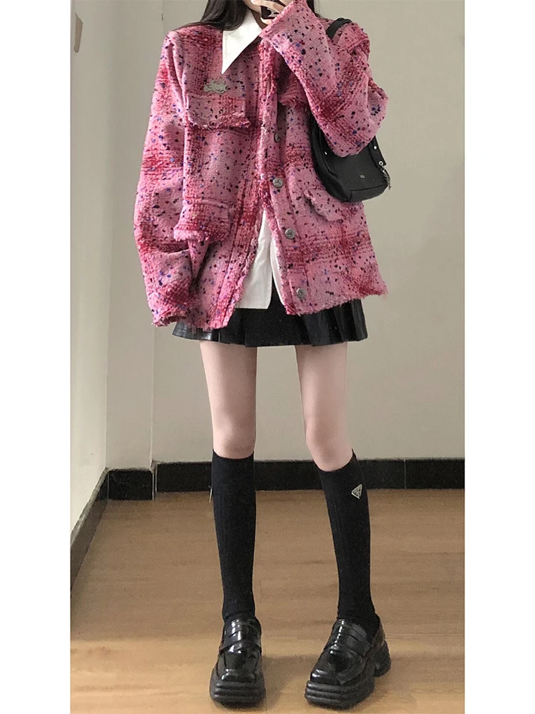 Maglia in pelle con bordo a balza rosa Mix Jaet da donna Primavera Autunno Nuovo marchio Sle Faion High End Feel Collar Coppia Jaet Top