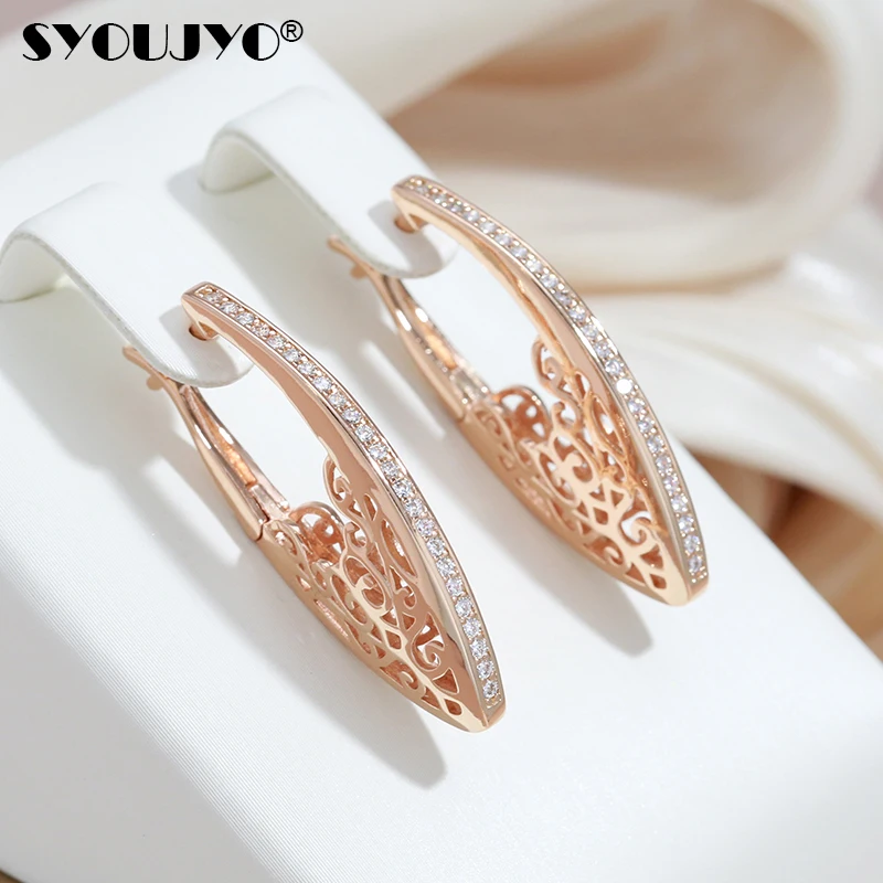 SYOUJYO Trendy 585 Rose Gold Color Dangle Earrings For Women Natural Zircon Micro Wax Inlaid Vintage Wedding Fine Jewelry