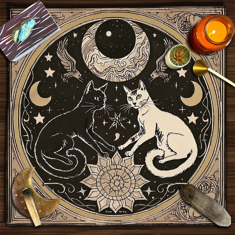 VIKAMA Zodiac Sun Moon Floral Black White Cat Tarot Altar Cloth Divination Spread Mat Witchcraft Astrology Wiccan Home Decor